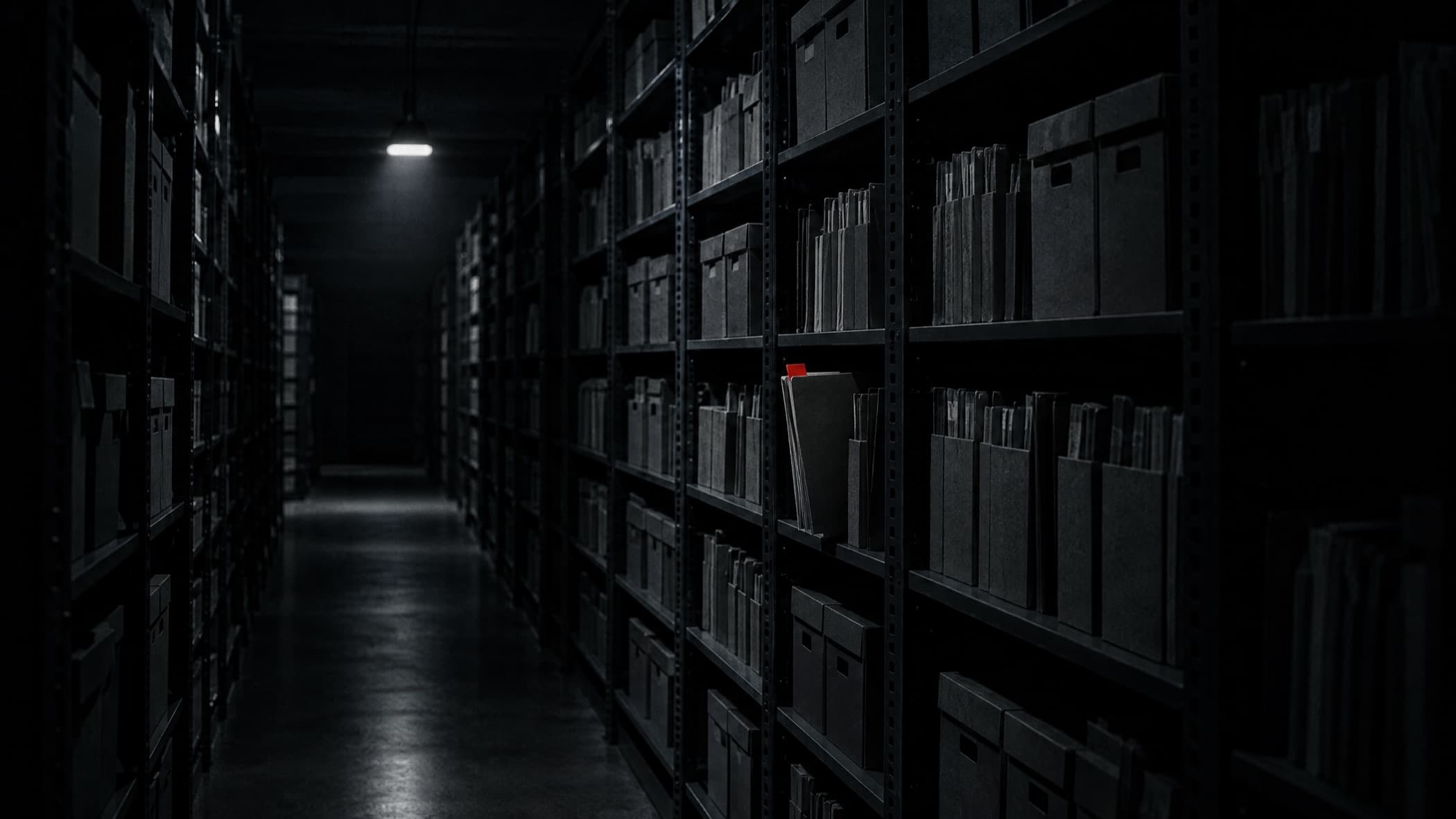 A dark records archive at night. Among thousands of grey files, one carries a red tab.