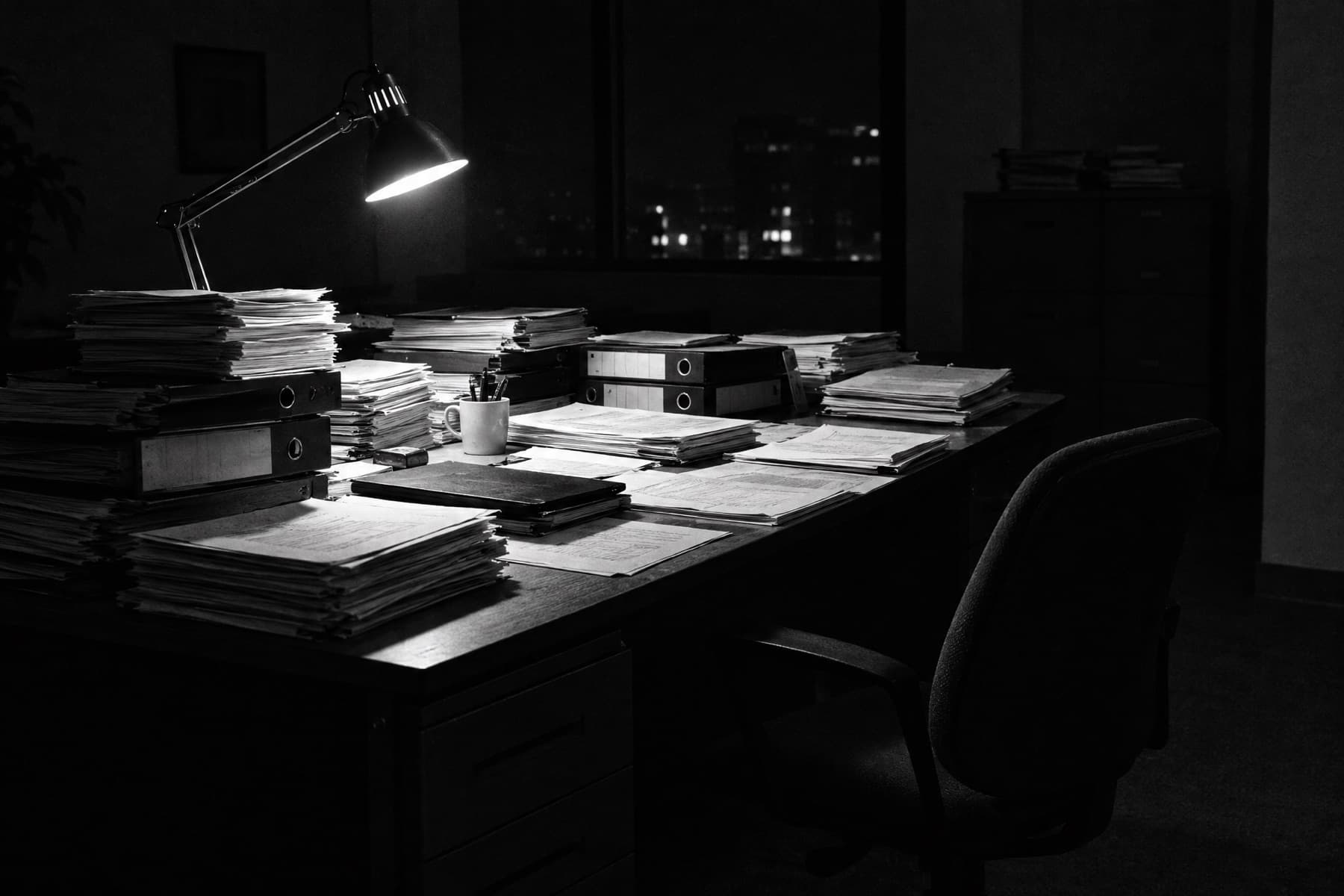 A desk covered in printed reports and binders, lit by a single lamp in a dark office.